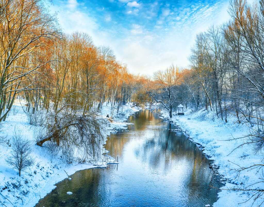 Scenic winter landscape with a tranquil river flowing through a snow-covered forest, trees dusted in snow under a bright blue sky.